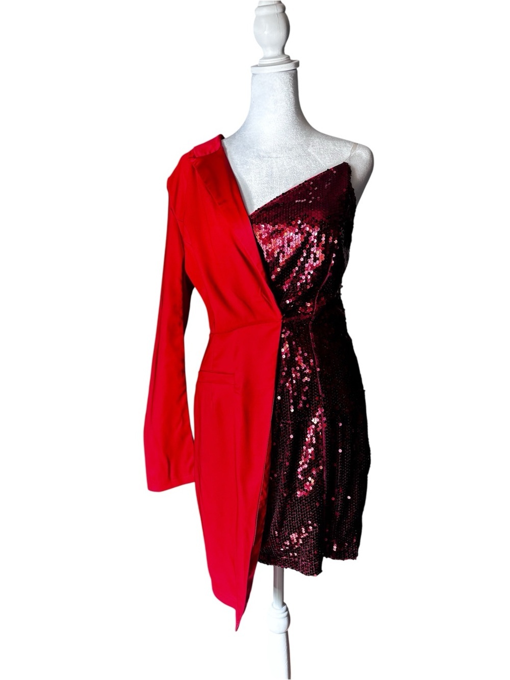 CBR One-Shoulder Red Sequin Dress with Blazer Overlay